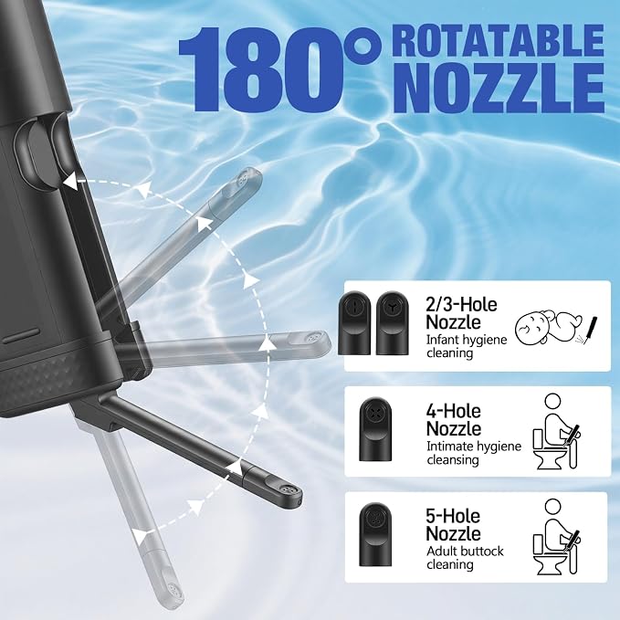 Portable Bidet for Travel, Rechargeable Travel Bidet with LED Display | 3 Water Flow Modes, 180° Adjustable Nozzle, IPX7 Waterproof, USB-C Personal Hygiene Device for Women, Men & Babies