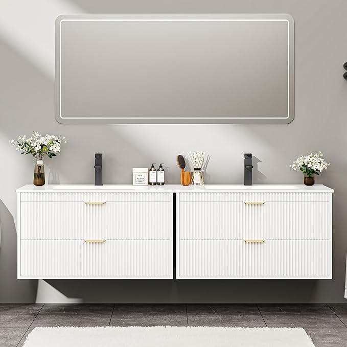 Vabches 30 Inch Bathroom Vanity with Sink, Wood Grain Wall Mounted Vanity with 2 Storage Darwers, Floating Bathroom Vanity with Storage, Bathroom Floating Vanity with Sink, Faucet, Drain, White