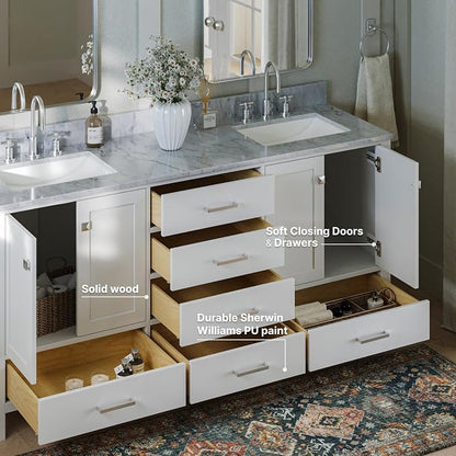 ARIEL Cambridge 72-inch Bathroom Vanity with Sink,Solid Wood, 0.75-inch Italian Carrara Marble Countertop, Double Rectangular Porcelain Sink, 4 Soft Closing Doors, 6 Dovetail Drawers, White