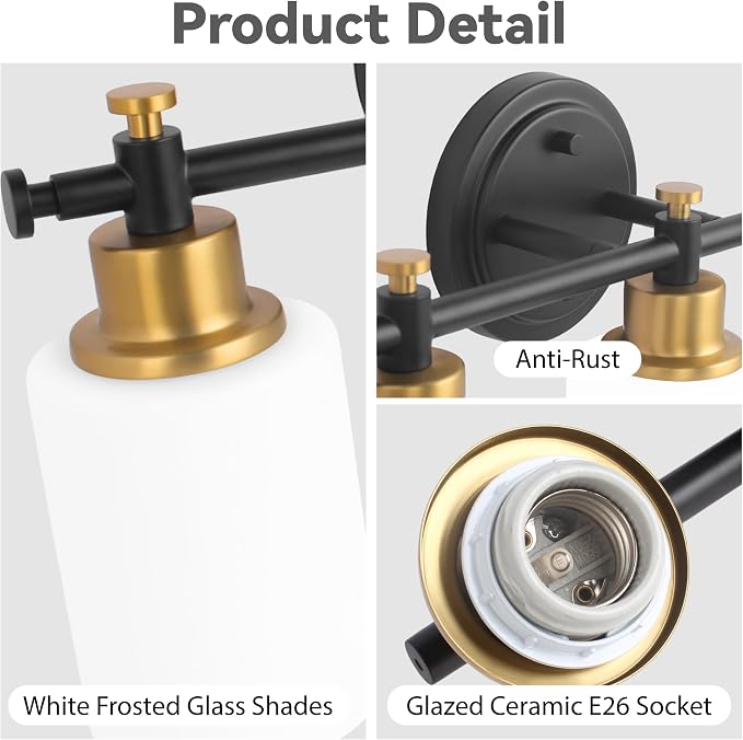 3 Light Bathroom Vanity Light, Black and Gold Vanity Lights for Bathroom | Vanity Light Fixture Over Mirror, Modern Wall Sconce with Milky White Glass Shade, 17.5 In, E26(Bulbs Not Included)