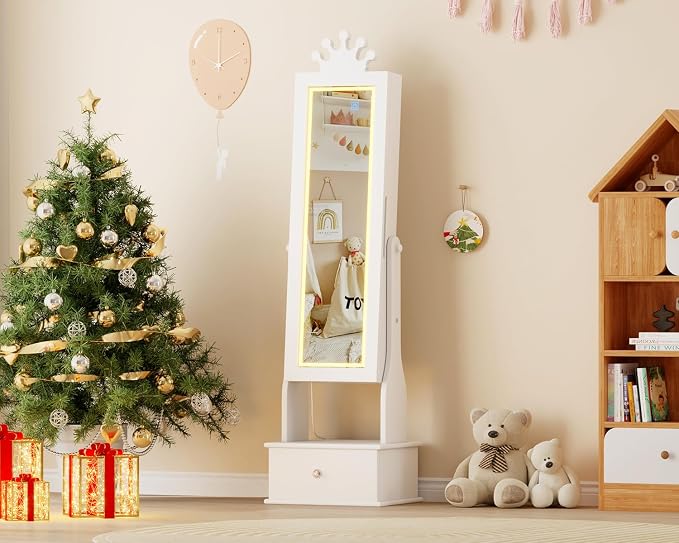 GarveeHome Kids Jewelry Armoire,Child Jewelry Cabinet with Light,Freestanding Jewelry Organizer with Full Length Mirror,3 Storage Drawer,Kids Vanity Dress Up Mirror Jewelry Cabinet for Girls(White)