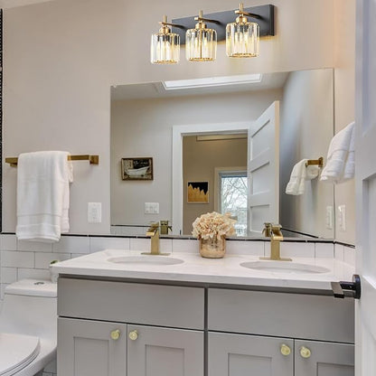 Modern Crystal Bathroom Vanity Lights, 3-Lights Black Gold Bathroom Light Fixtures Over Mirror, Crystal Vanity Light with Polished Gold Finish(Exclude Bulb)