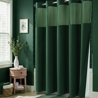Dark Green Hook Free Waffle Shower Curtain & Snap-in Liner,72x87 | Less Time to install, 3 in 1 Fabric Shower Curtain and Liner Set with Magnets, Extra Long, Shower Curtains for Bathroom