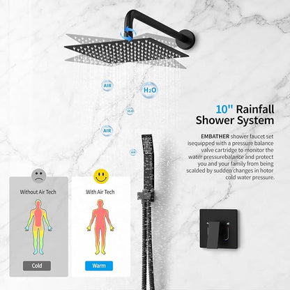 EMBATHER Shower System,10"Shower Faucet Set with Rain Shower Head and Handheld Spray Combo,Included Valve and Trim Kit,Mattle Black