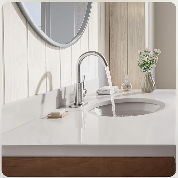 Phiestina Bathroom Sink Faucet,Single-Handle Bathroom Faucet with 4 Inch Deck Plate and Metal Drain, Fit for 1 or 3 Hole Installation, 360 Degree Rotation Spout, Brushed Nickel, WE08E-BN