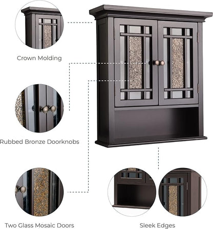 Teamson Home 2 Door Bathroom Wall Cabinet Windsor Collection with Crown Molding, Wall Mounted Over The Toilet Storage with Open Shelf & Decorative Glass Mosaic Details, Espresso