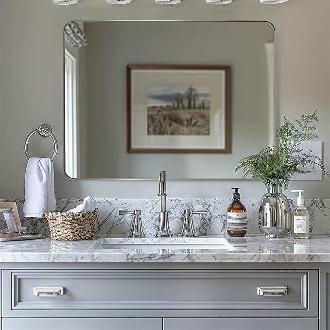 36"x48"Chrome Bathroom Mirror, Large Wall Mirror for Bathroom, Rounded Rectangle Mirror in Premium Stainless Steel Metal Frame Hangs Horizontal Or Vertical…