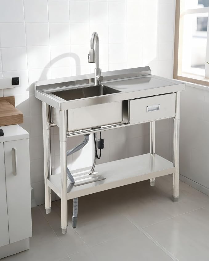 Free Standing Utility Sink, 39" Single Bowl Stainless Steel Commercial Sink with Drawers, Cold and Hot Water Pipe & Workbench, for Kitchen, Laundry | Commercial Sink with Drawers, Cold and Hot Water Pipe & Workbench, for Kitchen, Laundry