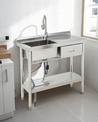 Free Standing Utility Sink, 39" Single Bowl Stainless Steel Commercial Sink with Drawers, Cold and Hot Water Pipe & Workbench, for Kitchen, Laundry | Commercial Sink with Drawers, Cold and Hot Water Pipe & Workbench, for Kitchen, Laundry