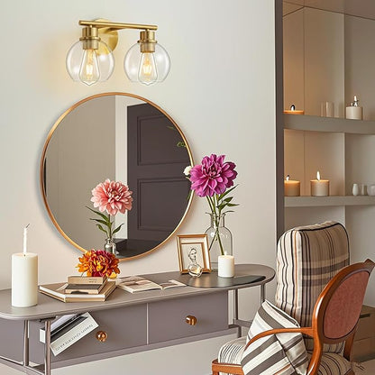 Bathroom Light Fixtures Over Mirror 2-Lights Bathroom Vanity Light with Clear Glass Shade 13.8 inch Gold Wall Sconce Brushed Brass Vanity Lighting Bathroom Light for Bath