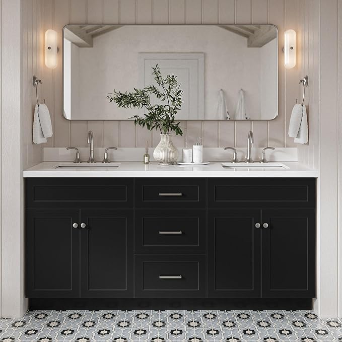 DKB Bradford 72 Inch Bathroom Vanity Double Sink — Black Bathroom Vanity with Sink, 1.5" Edge Pure White Quartz Countertop & Backsplash, 4 Soft-Close Doors, and 3 Dovetail Drawers