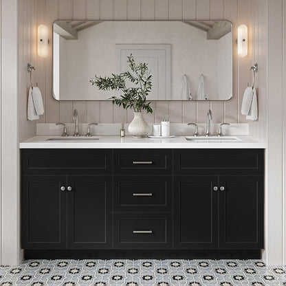 DKB Bradford 72 Inch Bathroom Vanity Double Sink — Black Bathroom Vanity with Sink, 1.5" Edge Pure White Quartz Countertop & Backsplash, 4 Soft-Close Doors, and 3 Dovetail Drawers