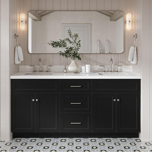DKB Bradford 72 Inch Bathroom Vanity Double Sink — Black Bathroom Vanity with Sink, 1.5" Edge Pure White Quartz Countertop & Backsplash, 4 Soft-Close Doors, and 3 Dovetail Drawers