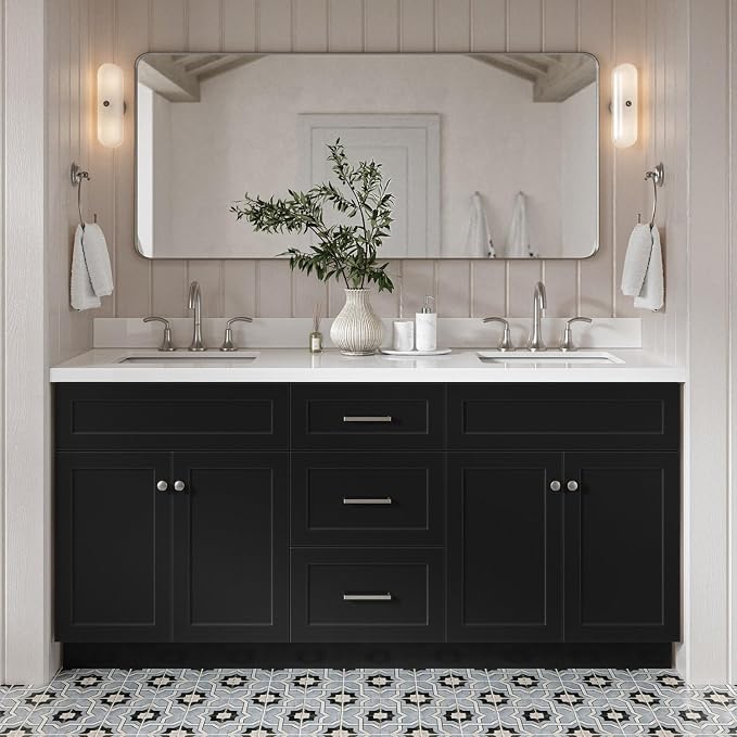 ARIEL Hamlet 72-inch Bathroom Vanity with Sink,Solid Wood, 1.5-inch Pure White Quartz Countertop & Backsplash, Double Rectangular Porcelain Sink, 4 Soft Closing Doors, 3 Dovetail Drawers, Black