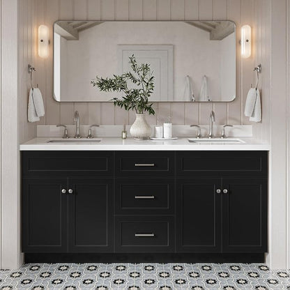 ARIEL Hamlet 72-inch Bathroom Vanity with Sink,Solid Wood, 1.5-inch Pure White Quartz Countertop & Backsplash, Double Rectangular Porcelain Sink, 4 Soft Closing Doors, 3 Dovetail Drawers, Black