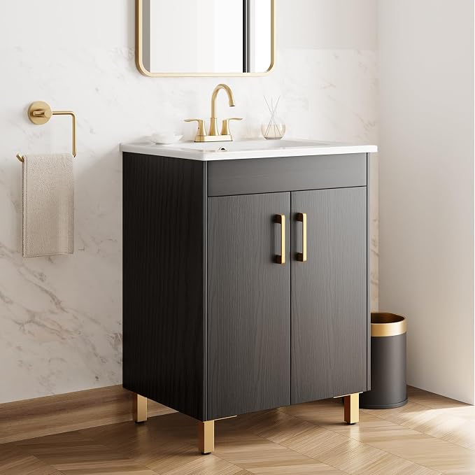 24 Inch Fully Pre-Assembled Black Bathroom Vanity with Single Ceramic Countertop Sink Combo, 2 Soft Close Doors Bathroom Cabinet Set, Faucet Not Included, BV01-BLACK-JH