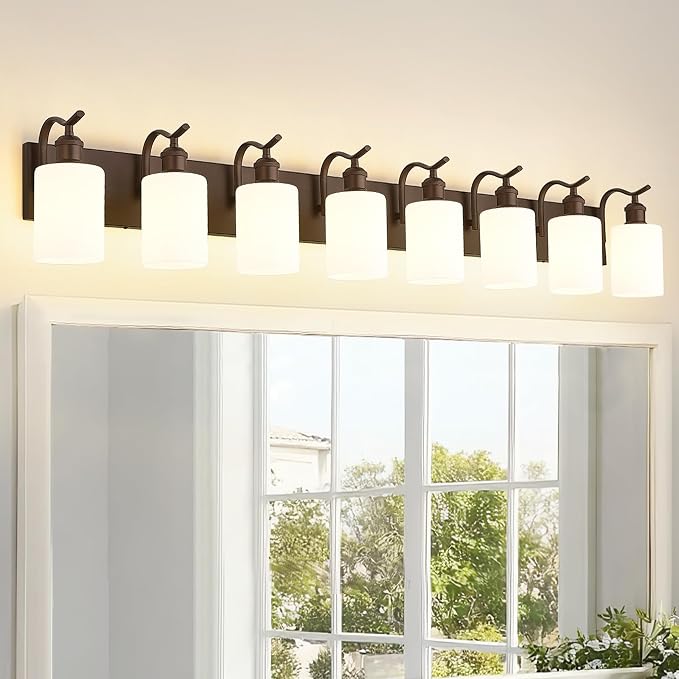 8-Light Bathroom Vanity Light,White Frosted Glass,Oil Rubbed Bronze | 56 Inch Over Mirror Wall Light,E26 sockets,for bathroom mirror,powder room,dressing area