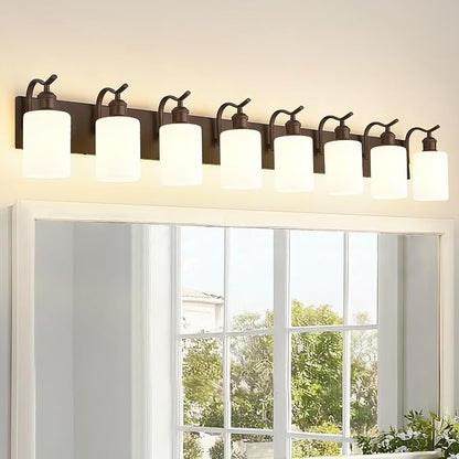 8-Light Bathroom Vanity Light,White Frosted Glass,Oil Rubbed Bronze | 56 Inch Over Mirror Wall Light,E26 sockets,for bathroom mirror,powder room,dressing area