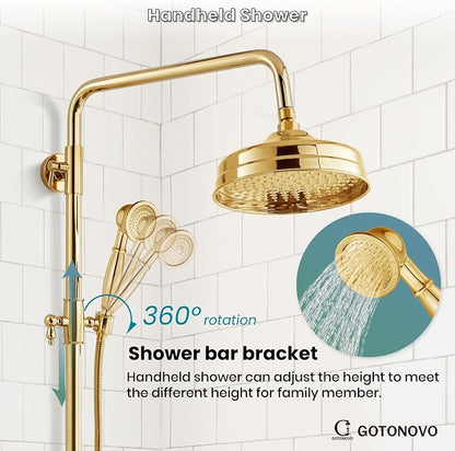 gotonovo Exposed Shower System Wall Mount,Polish Gold,Metal Handheld | 8” Rain Shower Head Faucet Set Fixtures,2 Function,Two Cross Handle,Height Adjustable,for 5-6.7" Hole,Indoor Victorian Retro
