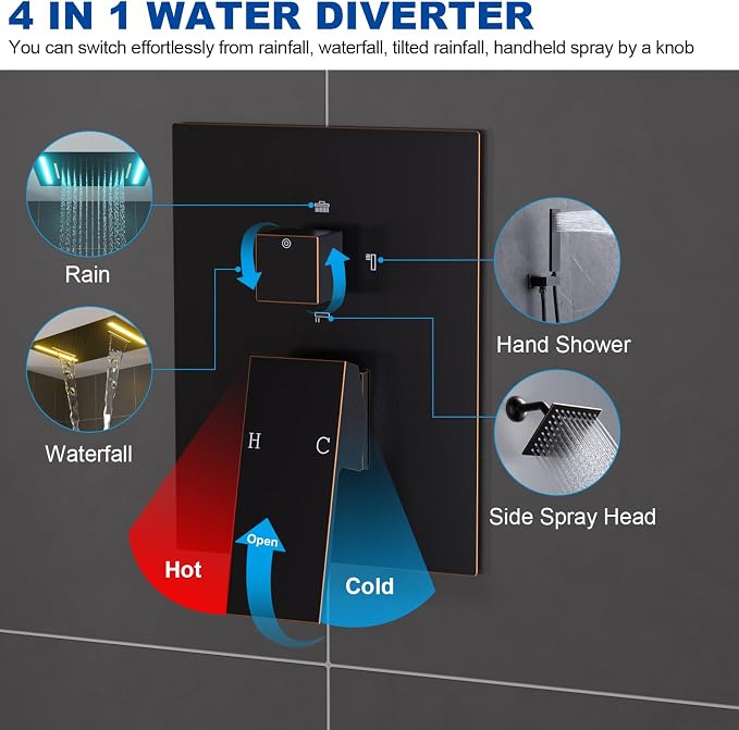 ENGA Oil Rubbed Bronze Dual Rain Shower Head System, 2 In 1 Functions Ceiling Mount 14x20inch LED Shower Head with 6 Inch Shower Head, Rainfall Waterfall Shower Faucet Set