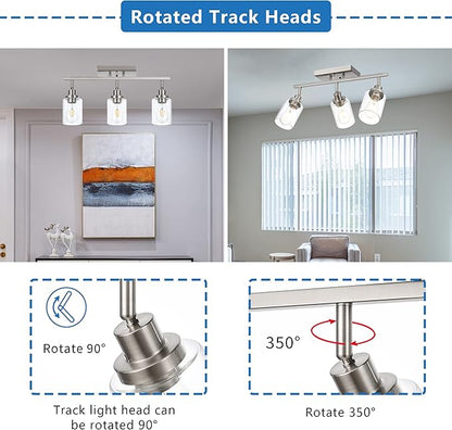 MELUCEE 3 Light Bathroom Vanity Light Brushed Nickel Track Lighting Fixtures Ceiling, Wall Light Fixtures with Rotatable Track Head for Hallway Porch Foyer Bath Storage, Clear Glass Shade