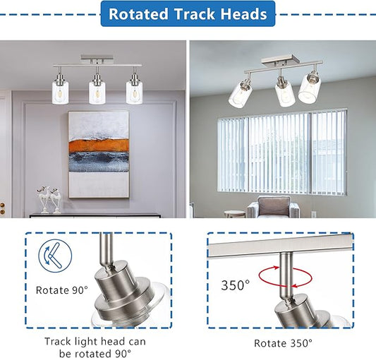 MELUCEE 3 Light Bathroom Vanity Light Brushed Nickel Track Lighting Fixtures Ceiling, Wall Light Fixtures with Rotatable Track Head for Hallway Porch Foyer Bath Storage, Clear Glass Shade