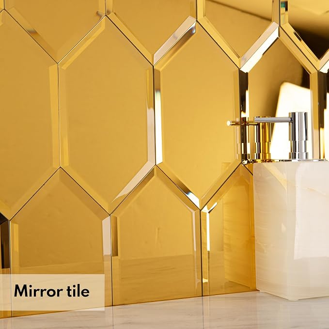 Peel and Stick Beveled Mirror Tile, Mirror Backsplash for Kitchen Bathroom Wall, 4x7.87 Inches Hexagon, Gold (30 Pcs, 4.8 SQ.FT.)