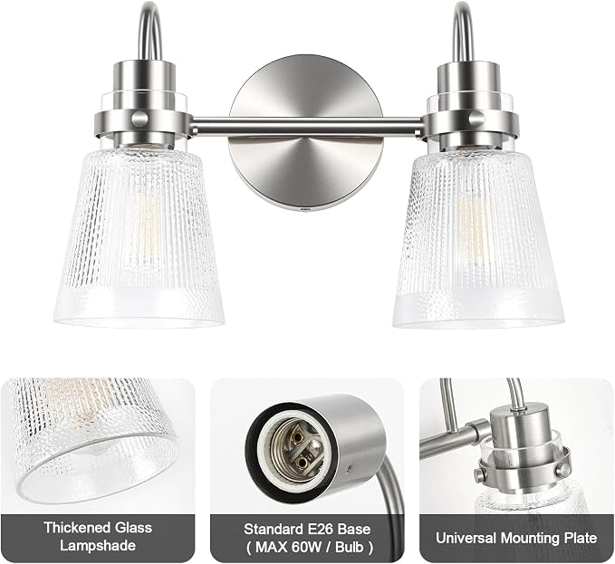 2-Light Brushed Nickel Bathroom Light Fixtures 13.8 Inch Vanity Lights for Bathroom Lighting Fixtures Over Mirror with Clear Striped Glass Shade for Bedroom Hallway Cabinet Porch