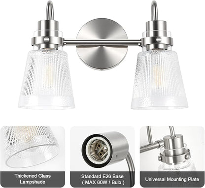 2-Light Brushed Nickel Bathroom Light Fixtures 13.8 Inch Vanity Lights for Bathroom Lighting Fixtures Over Mirror with Clear Striped Glass Shade for Bedroom Hallway Cabinet Porch