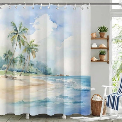 Sea Beach Shower Curtain for Bathroom,Blue Tropical Coastal Waterproof Polyester Shower Curtains,Funny Ocean Theme Bathroom Decor,72x72 Inch