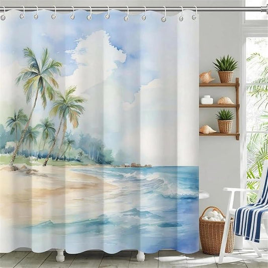 Sea Beach Shower Curtain for Bathroom,Blue Tropical Coastal Waterproof Polyester Shower Curtains,Funny Ocean Theme Bathroom Decor,72x72 Inch