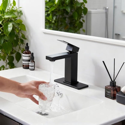Matte Black Bathroom Faucet, Stainless Steel Single Handle Faucet with Pop Up Drain & Deck Plate, Fits 1 or 3 Hole Countertop, Single Hole Bathroom Installation, Ideal for Vanity & Lavatory Sinks