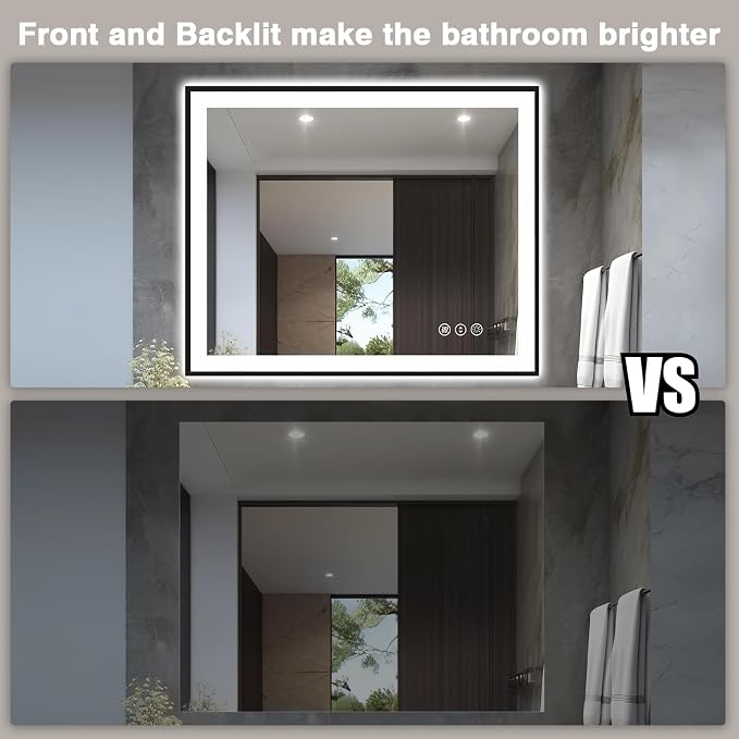 EchosLife 40x32 LED Bathroom Mirrors for Wall - Black Aluminum Framed | Black Frame, Front and Backlit, Anti-Fog, Stepless Dimmable, 3 Colors, Memory, Tempered Glass, UL Listed, Horizontal/Vertical