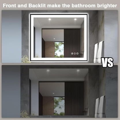 EchosLife 40x32 LED Bathroom Mirrors for Wall - Black Aluminum Framed | Black Frame, Front and Backlit, Anti-Fog, Stepless Dimmable, 3 Colors, Memory, Tempered Glass, UL Listed, Horizontal/Vertical