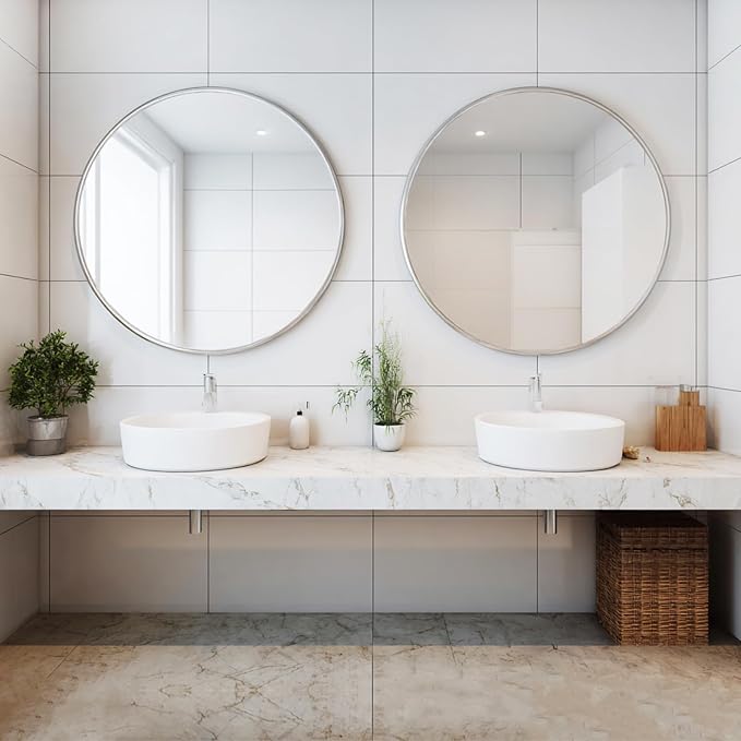 Silver Bathroom Mirror 30 inch, 2 Pack Wall Mirror with Metal Frame | High Definition Mirror, Easy Installation, Circular Mirrors for Living room Cloakroom, Hallway, Bathroom