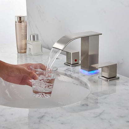 Bathroom faucets 3 Hole Brushed Nickel Vanity Faucet with led Waterfall Bathroom Faucet 3 Hole Sink Faucet Bathroom 8 inch Widespread Modern Parts Touch on 2 Handle