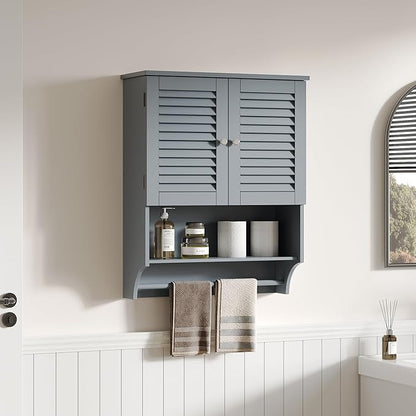 ChooChoo Bathroom Wall Cabinet with Towels Bar, 23.6" L x7.9 W x27.5 H MDF Material Medicine Cabinet, 2 Doors Over The Toilet Space Saver Storage Cabinet with Large Space, Grey