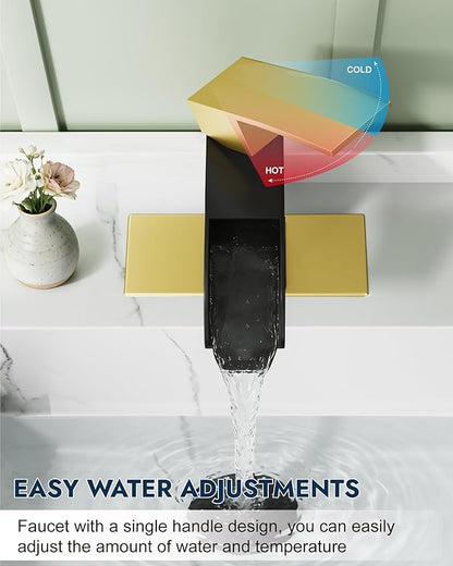 Midanya Waterfall Bathroom Faucet, Single Handle Bathroom Sink Faucet for Sink 1 or 4 Inch 3 Hole, Stainless Steel Vanity Faucets with Deck Plate and Pop up Drain,Brushed Gold and Matte Black