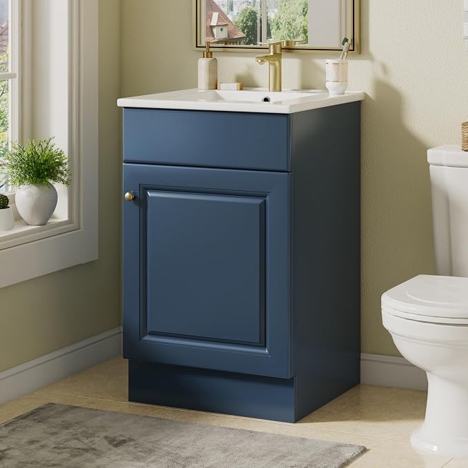Christopher Knight Home Vanes Wood Frame 20" Bathroom Vanity with Ceramic Sink, Cabinet with Soft-Closing Door Shelf and Adjustable Shelf, Open Back, Metal Hardware, Storage/Organizer, Blue