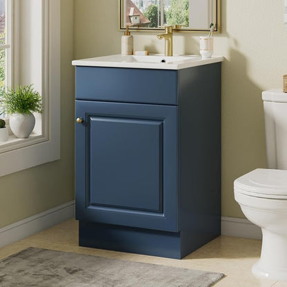 Christopher Knight Home Vanes Wood Frame 20" Bathroom Vanity with Ceramic Sink, Cabinet with Soft-Closing Door Shelf and Adjustable Shelf, Open Back, Metal Hardware, Storage/Organizer, Blue