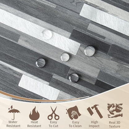 DICOFUN Peel and Stick Backsplash Tiles, Black & Grey Wood Look PVC Mixed Metal Stick on Backsplash Tiles, 1 Sheet