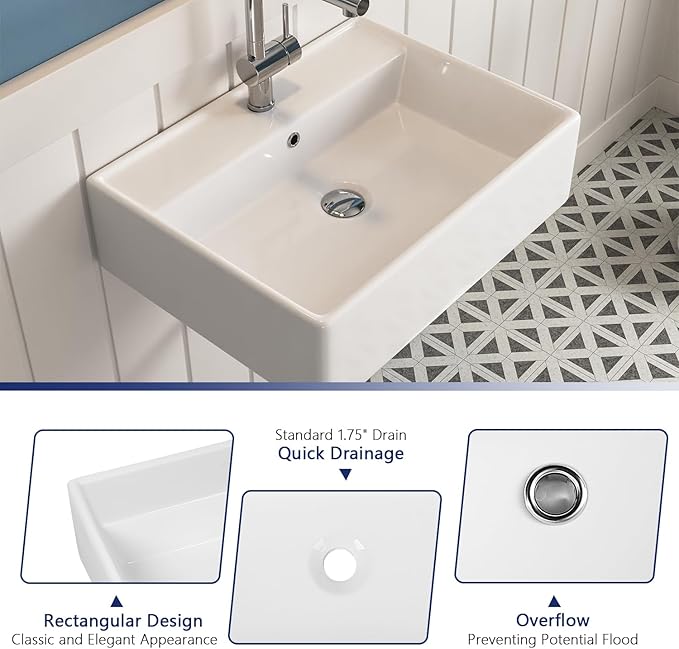 DeerValley 23x18 Inch Wall Mounted Bathroom Sink, White Ceramic Rectangular Vessel Sink with Overflow and Faucet Hole, Art Sink, DV-1WS0127