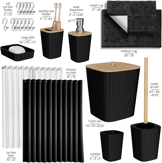 Clara Clark Black Bathroom Set, Bathroom Sets with Shower Curtain and Rugs | 22 Piece Bathroom Accessories Set with Toothbrush Holder, Soap Dispenser, Soap Dish, Toilet Brush, and Bathroom Trash Can