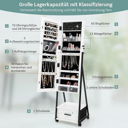 COSTWAY Jewellery Cabinet with Mirror, Jewellery Mirror Cabinet with Drawer, on Wheels, Lockable, Freestanding, 42 x 38 x 157 cm (White)