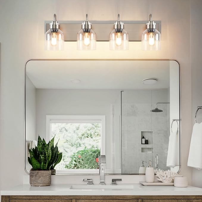 PRESDE Bathroom Light Fixtures Over Mirror Brushed Nickel 4 Light Bathroom Vanity Fixtures with Bubble Glass Globes