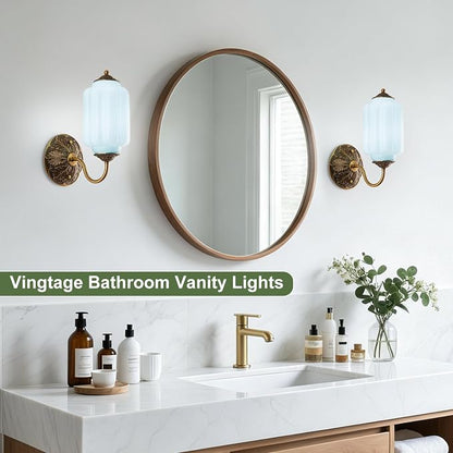 Vintage Gold Milk Glass Wall Sconce, Wall Light Set of Two - Vintage Mint Blue Shade & Brass Finish Base, Indoor Hardwired Wall Lighting Fixture for Foyers, Bedroom, etc (Bulbs Included)- Milk Blue