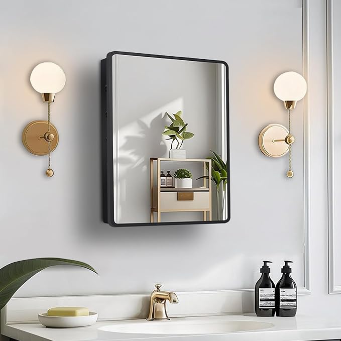 16x22 Medicine Cabinet with Mirror, Black Metal, Recessed or Surface Mount | 2 adjustable metal shelves, soft-close hinge, reversible installation, 95% assembled, cutout 13.82"W x 17.52"H x 3.66"D