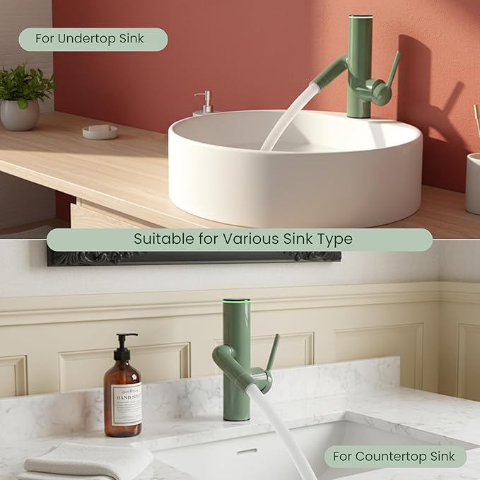 Bathroom Faucets, Cactus Design, Single-Hole with Water-Powered Temperature Changing 3 Color Lights, 360° Rotatable Spout and 2 Flow Modes, Bath Sink Faucet with Supply Hoses, Green