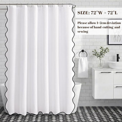Waffle Scalloped Shower Curtain White Cotton Fabric Shower Curtains for Bathroom 72''W × 72''L