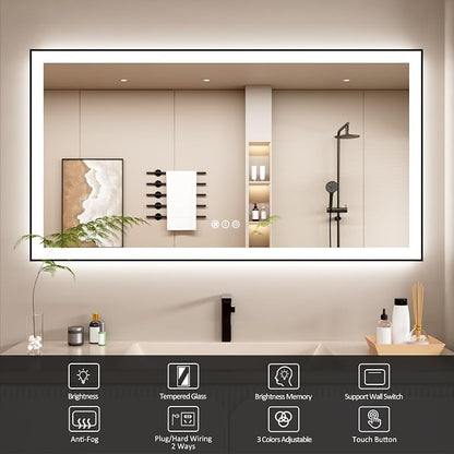 55x30 Inch LED Bathroom Mirror with Black Frame | Black Metal Frame, Front and Backlit, 3 Colors, Dimmable, Memory, Anti Fog, Tempered Glass, Lighted Mirror for Wall